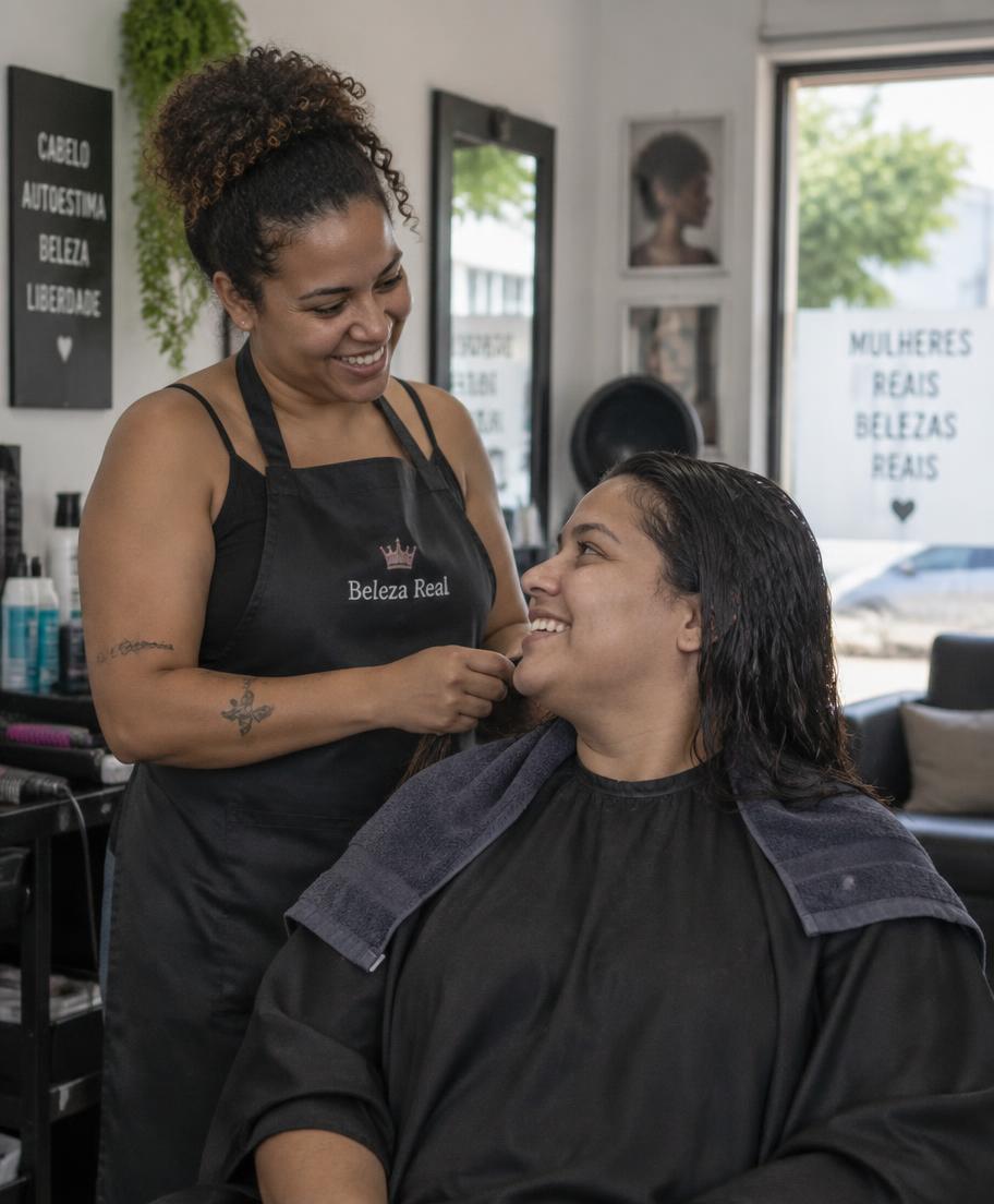 Cabeleireira conversando com uma cliente no salão